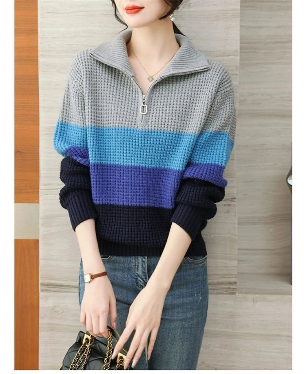 Hnewly  Knitted Stripe Sweater Women's Lapel V-neck Autumn Winter 2025 New Contrast Color Versatile Knitwear Long Sleeve Pullover Tops