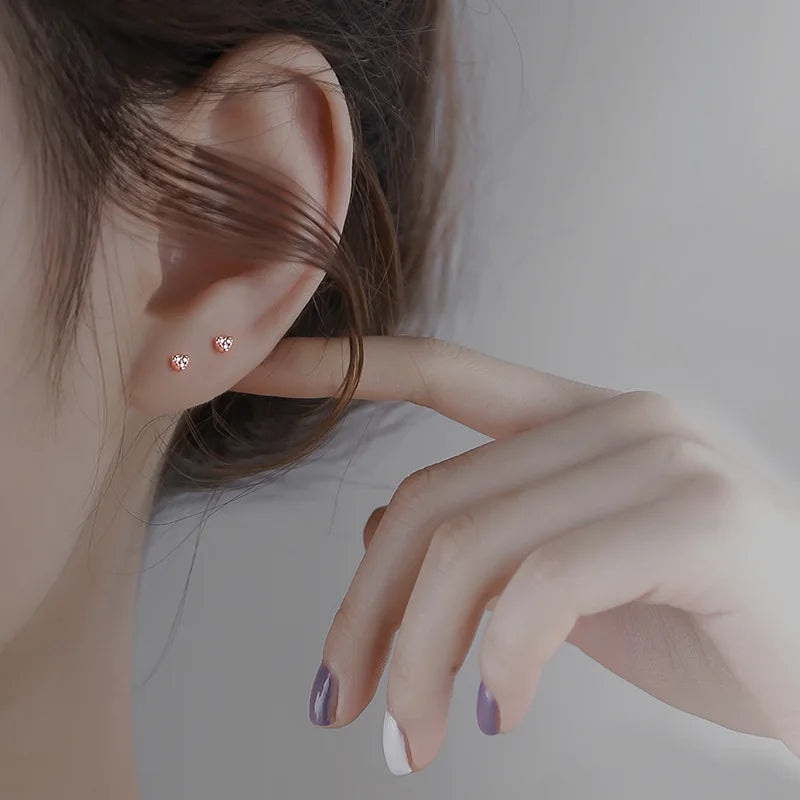 Hnewly  Simple Tibetan Cute Love Heart CZ Zircon Mini Small Stud Earrings Birthday Piercing Women Pendiente Plata Jewelry Gift