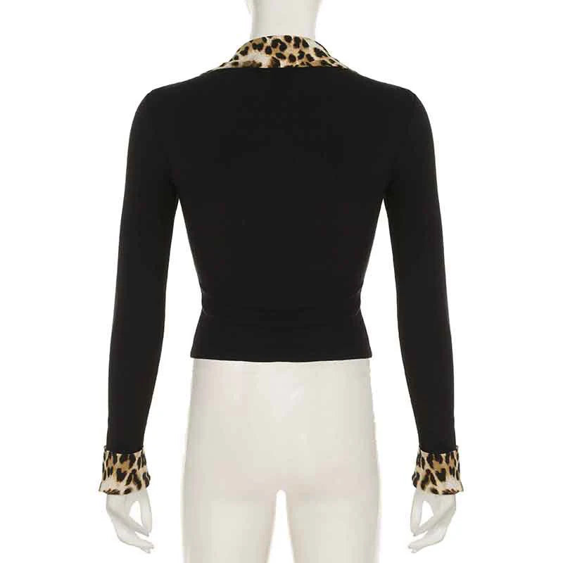 Hnewly y2k Tops Women Fairycore Clothes Sexy Leopard Print Lapel Collar Long Sleeve T Shirts 2000s Grunge Clothing Streetwear
