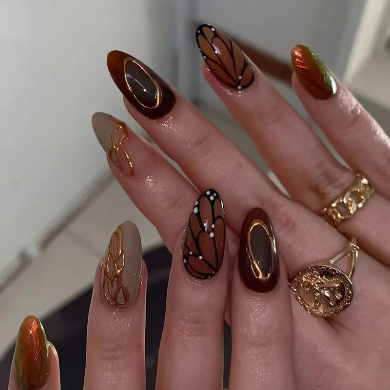 Hnewly 24Pcs French Almond False Nails Glitter with Rhinestones Wearable Fake Nails Artificial Simple Full Cover Press on Nails Tips