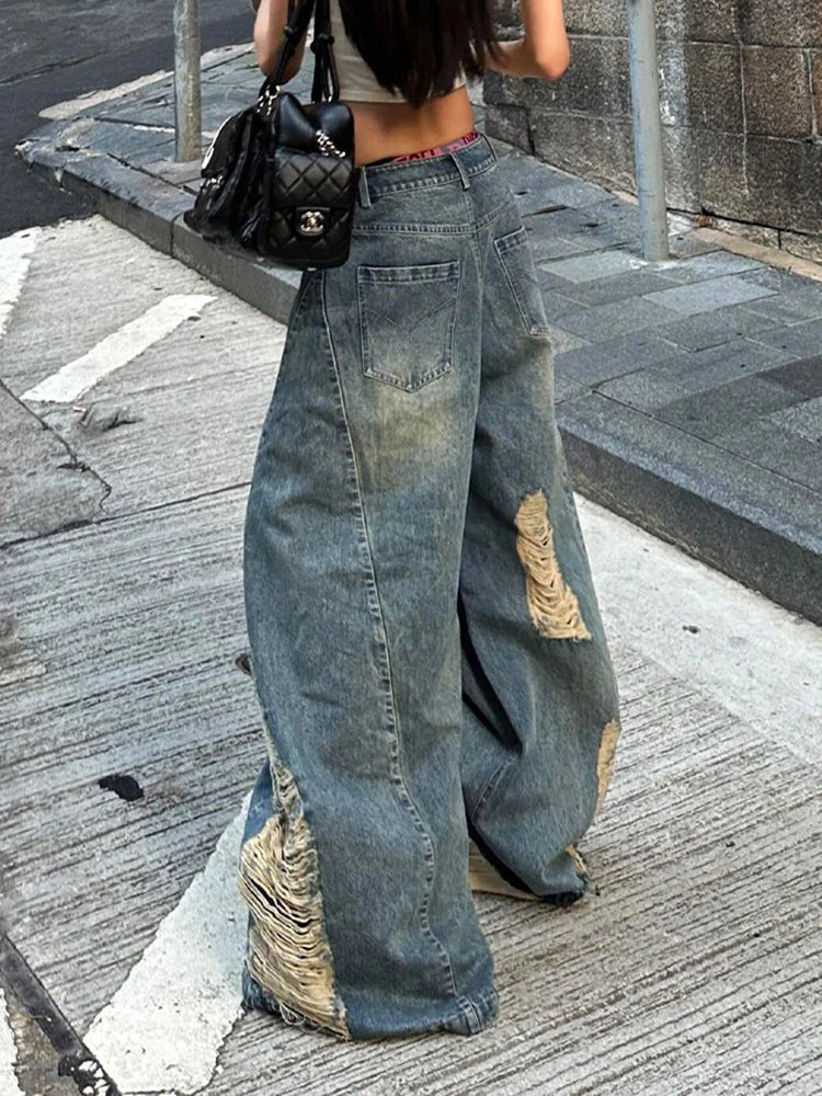 Hnewly Women Hole Y2K Jeans Streetwear Sexy Low Waist Retro American Denim Pants Loose Pockets Vintage Bf Wide Leg Trousers Fall