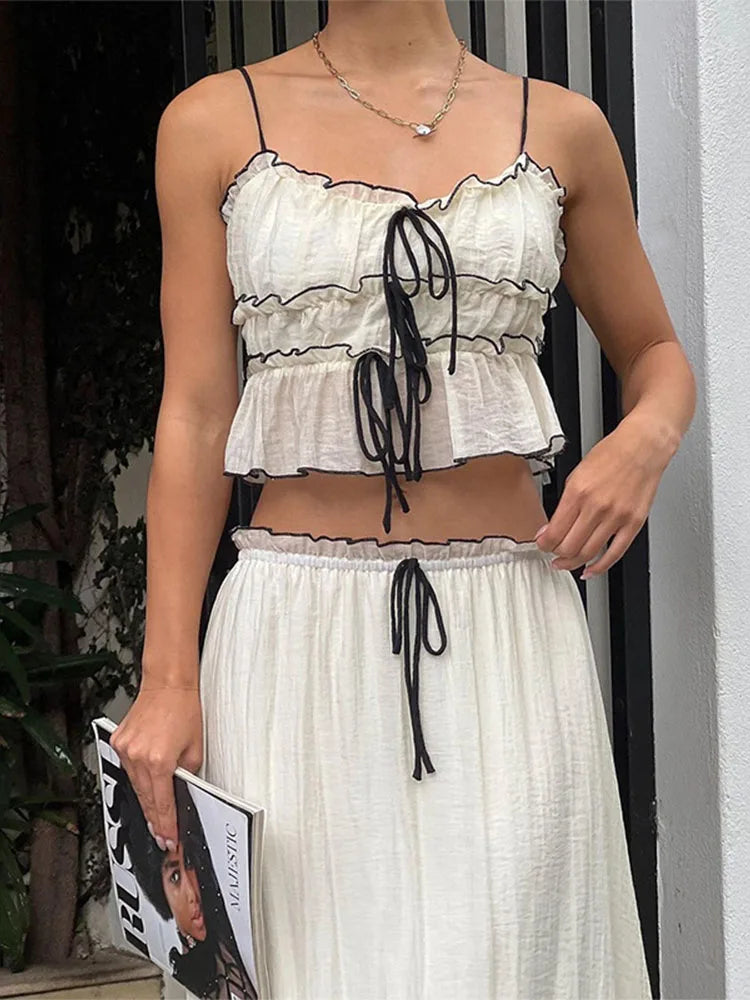 Hnewly Ruffle Bandage Mesh Dress Sets For Women Lace See Through Crop Tops Ladies Holiday Elegant Skirt Suits Womens Outfits New