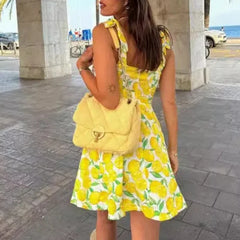 Hnewly  Summer Women's Pullover Sleeveless Camisole Plant&Flowers Printing Contrast Color Flattering Mini Skirts A-Line Beach Dresses