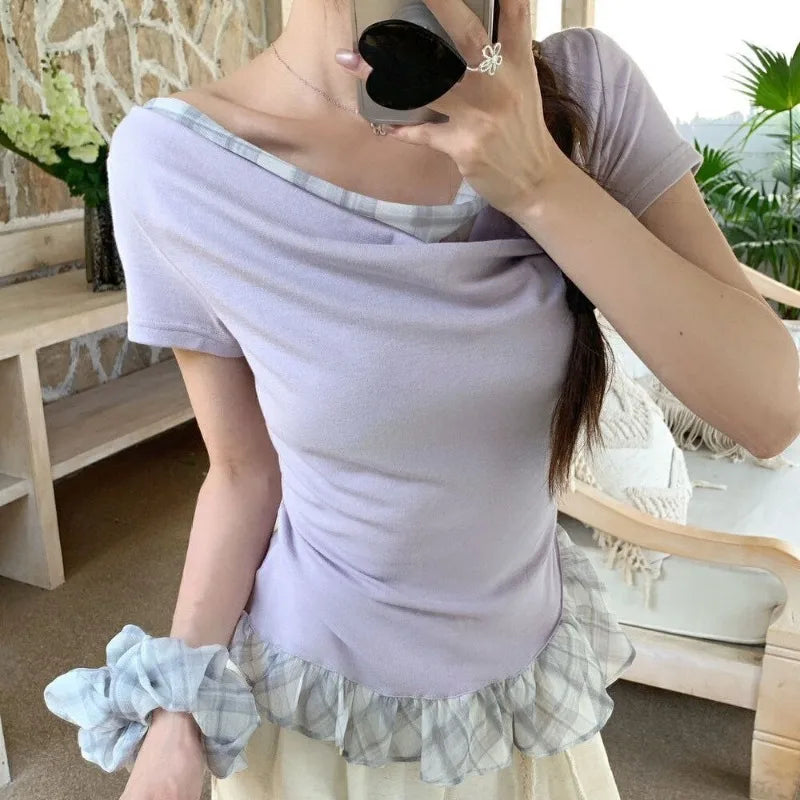 Hnewly  T Shirts Women Plaid Patchwork Swinging Collar Off Shoulder Ruffles Short Sleeve Summer Fashion Sweet Tops Casual Tshirt