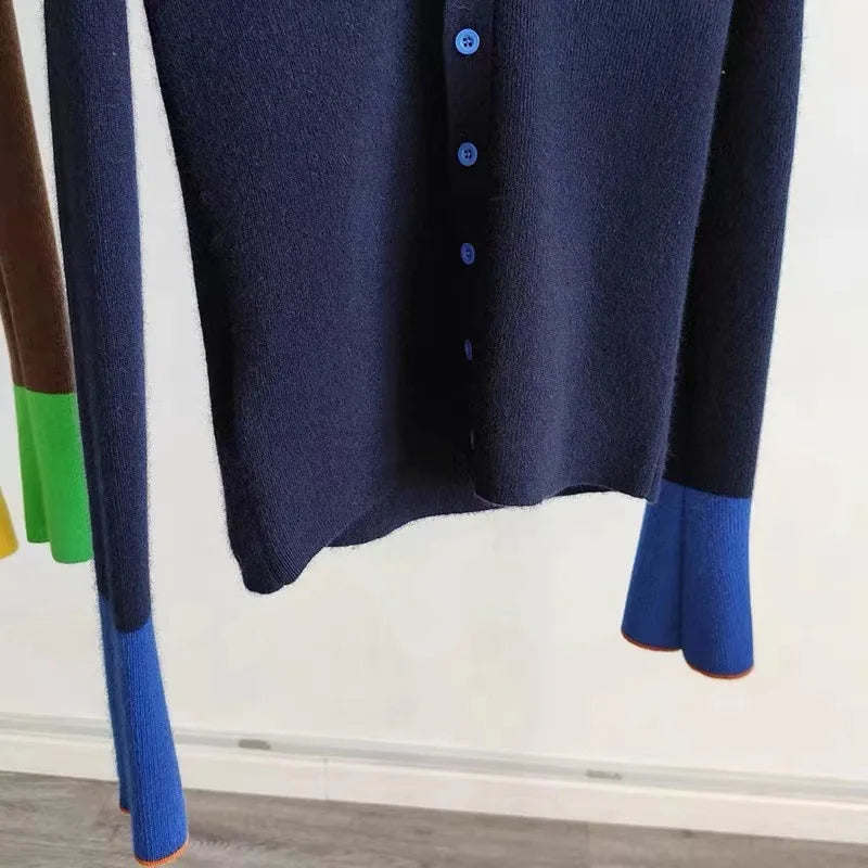 Hnewly  Autumn Winter Contrasting Color Knitted Cardigan Sweater Women 2024 New V-neck Flared Sleeve Top Korean Slim Versatile Jacket