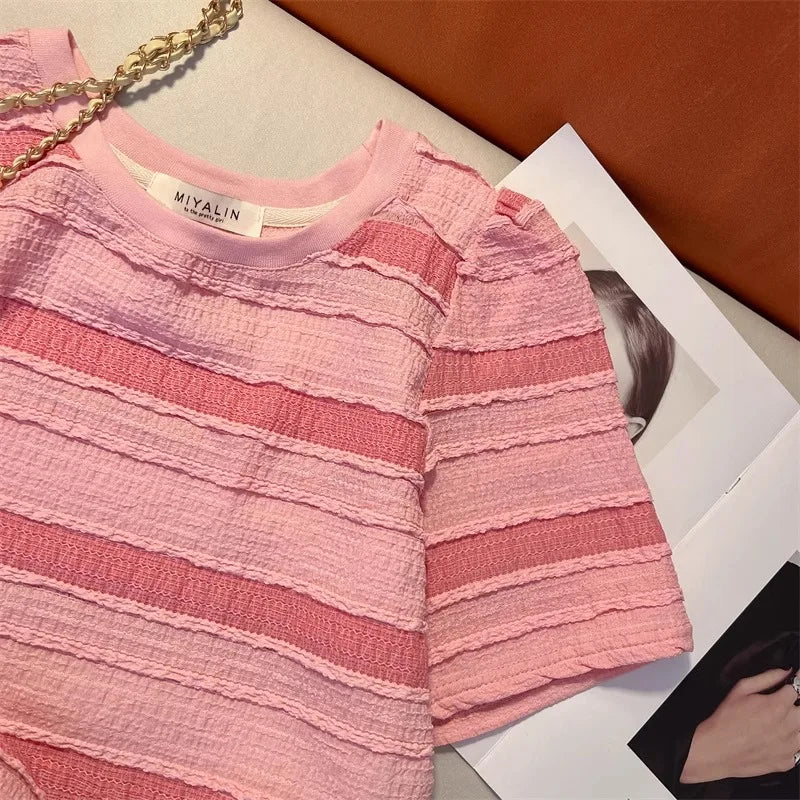 Hnewly  Pink Striped T-shirt Women's Sweet Dopamine  Korean Style Short Top Classic Round Neck Versatile Short Sleeved Tee