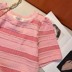 Hnewly  Pink Striped T-shirt Women's Sweet Dopamine  Korean Style Short Top Classic Round Neck Versatile Short Sleeved Tee