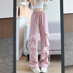 Hnewly  Bandage Street Woman Pink Solid Cargo Pants Spring American Pockets New Ladies Trousers Loose High Waist Female Wide Leg Pant