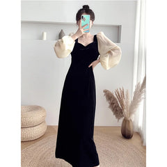 Hnewly  Velvet Long Sleeve Dress Women's High Waist Slim Fit Bubble Sleeve Vintage Style Square Collar Midi Dress  Sweet Style