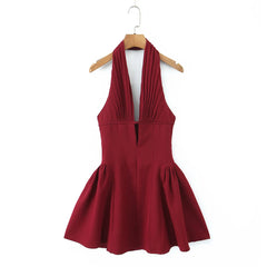 Lunivop  Sexy Dark Red Pleated Ruched Halter Dress Women Deep V neck Slim Low Waist Swing Ball Gown Short Dresses Robe Vestidos