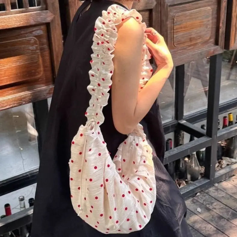 Hnewly  Sweet Cute Polka Dot Tote Bag Women Crinkle Lace Large Capacity Canvas Shoulder Bag Ladies Casual Versatile Daily Crossbody Bags