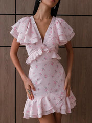 Hnewly  Women Plaid Waist-cinching Chic Mini Dress Sexy V-neck Puff Short Sleeve High Waist A-line Dresses New Highstreet Outwear