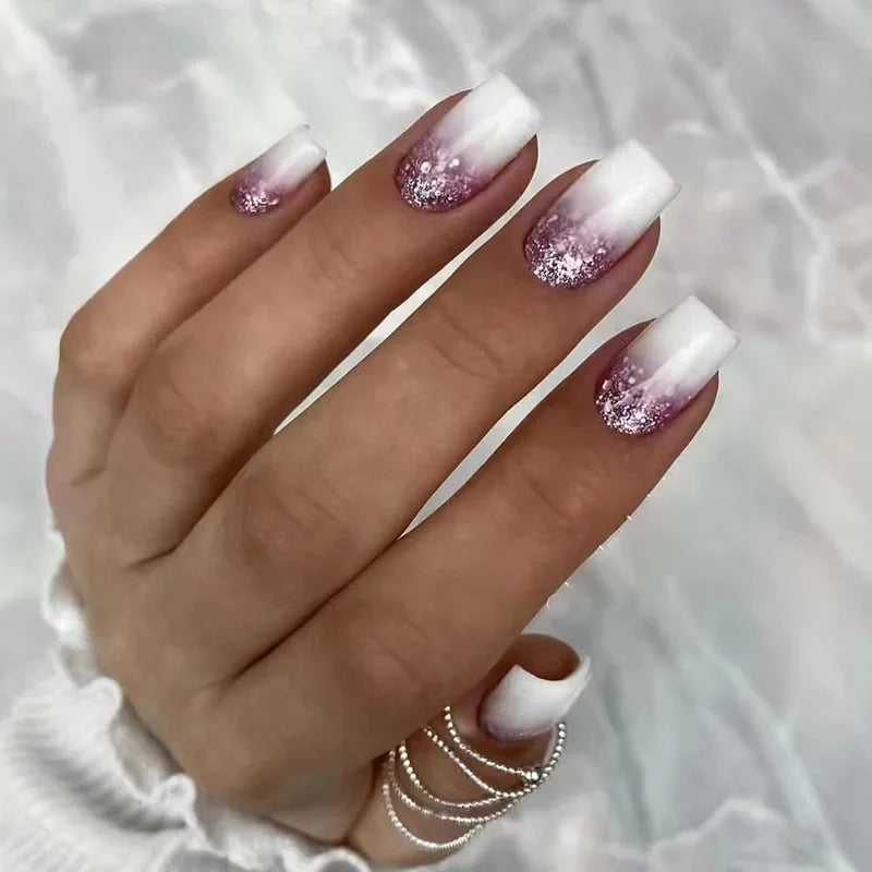 Hnewly 24Pcs Short French Style Fake Nails Art Seamless Removable Wearing Press on Nails Full Cover with Nails Accessories & Tools