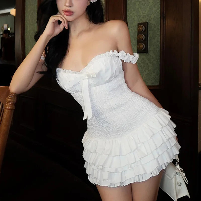 Hnewly y2k Dress Women Fairycore Clothes Sweetheart Neck Sleeveless Tiered Ruffle Hem Shirred Cami Dress Evening Party Dresses