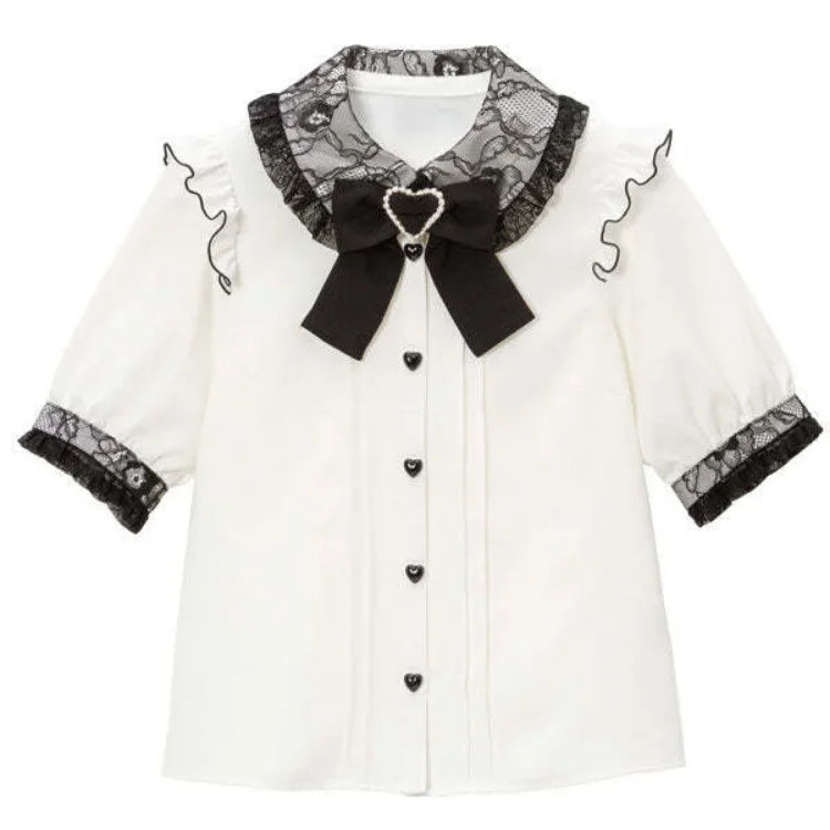 Hnewly Japanese Kawaii Lapel Neck Bow Shirts Women Summer Short Sleeve Lace Lolita Blouses Y2k Grunge Heart Button Blusas Mujer