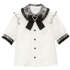 Hnewly Japanese Kawaii Lapel Neck Bow Shirts Women Summer Short Sleeve Lace Lolita Blouses Y2k Grunge Heart Button Blusas Mujer