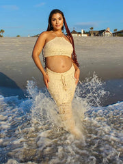 Hnewly  Boho Maternity Photography Crochet Set Beige Halter Top Maxi Skirt Beach Pregnancy Photoshoot Outfit Maternity Photo Dress