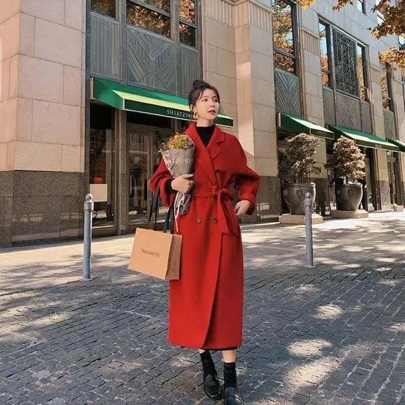 Hnewly New Large Size Hepburn Style Red Woolen Coat for Women Autumn and Winter Fat Mm Loose Long Thick Woolen Coat
