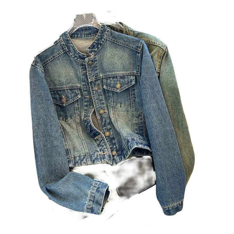 Hnewly  Fashion Denim Jacket Loose Casual Retro Jeans Short Coat Women's Spring Autumn Elegant Korean Standing Collar Long Sleeve Top