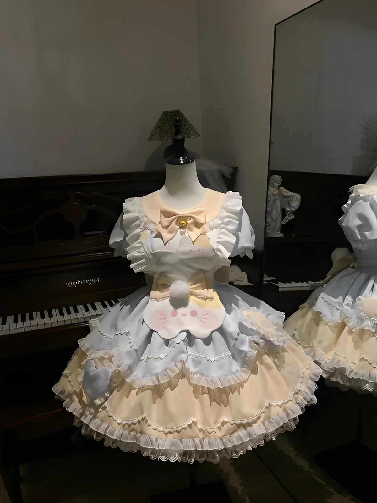 Hnewly  Japanese Cute Sweet Lolita OP Dress Kawaii Bow Lace Ruffles Cat Apron Short Puff Sleeve Dress Set Summer Women Clothing