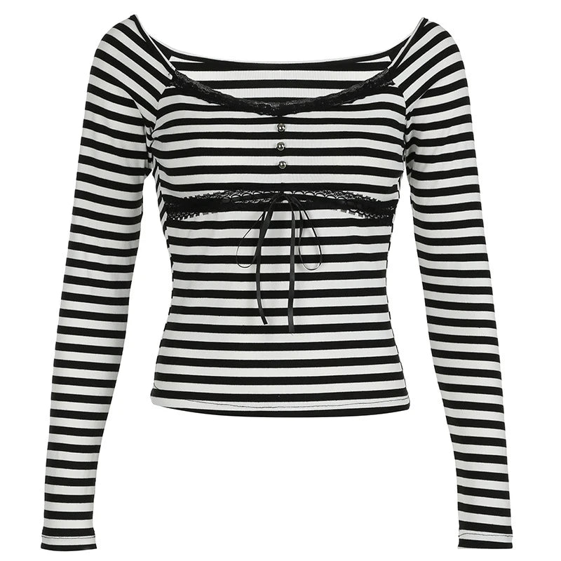 Hnewly y2k Fairy Grunge Top Women Clothes Striped Lace Trim Square Collar Long Sleeve T Shirt with Bow Decor 2000s Streetwear