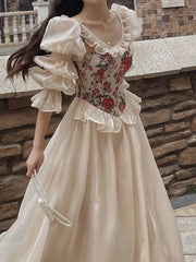 Hnewly  Vintage Elegant Print Floral Dress Women Autumn O-neck Casual Evening Party Midi Dress Female Puff Sleeve Korea Fairy Dress