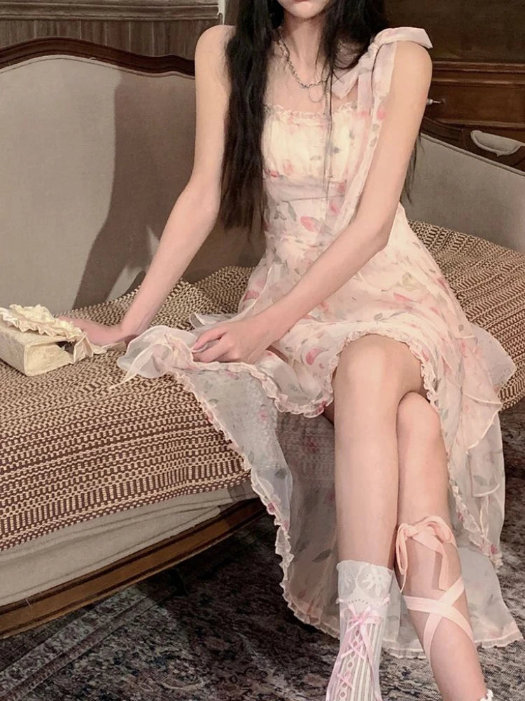 Hnewly French Elegant Fairy Print Dress Women Casual Even Party Irregular Sleeveless Midi Dress Female Vintage Y2k Floral Summer