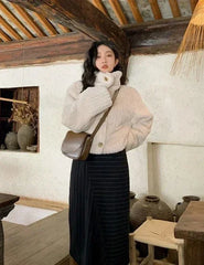 Hnewly  Vintage Cropped Stand Neck Loose Casual Jacket Japanese Streetwear Fashion Fluffy Coats Y2k Aesthetic Grunge Women Chaqueta Coat