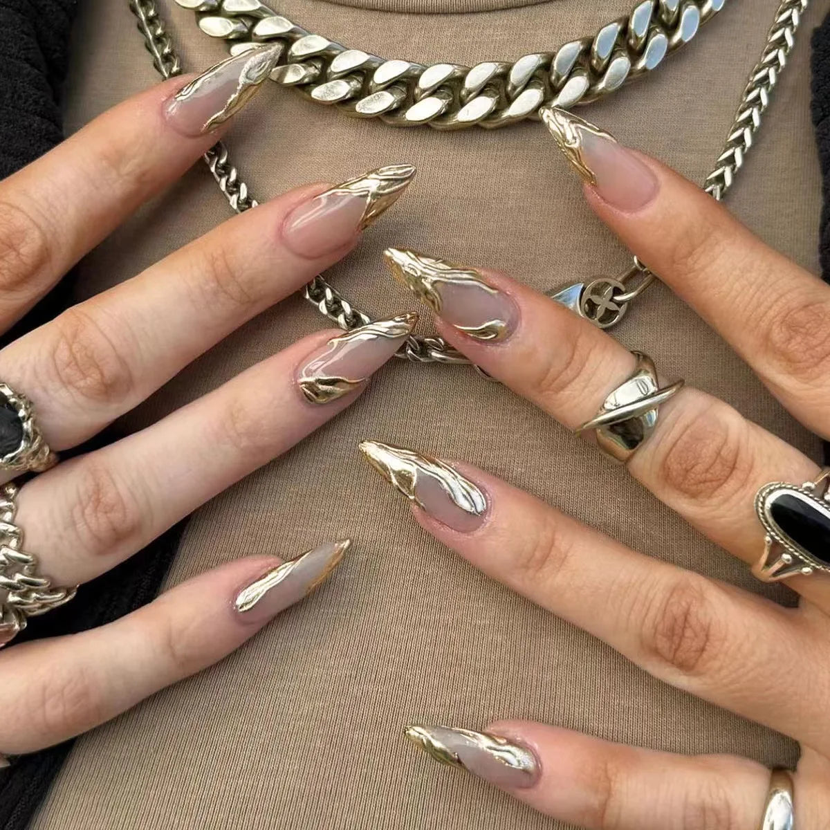 Hnewly 24Pcs French Almond False Nails Glitter with Rhinestones Wearable Fake Nails Artificial Simple Full Cover Press on Nails Tips