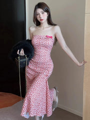 Hnewly  Woman Dress Strapless Sexy Sweet Bow Heart Printed Elegant Split Backless Temperament Party Dresses Female Fashion