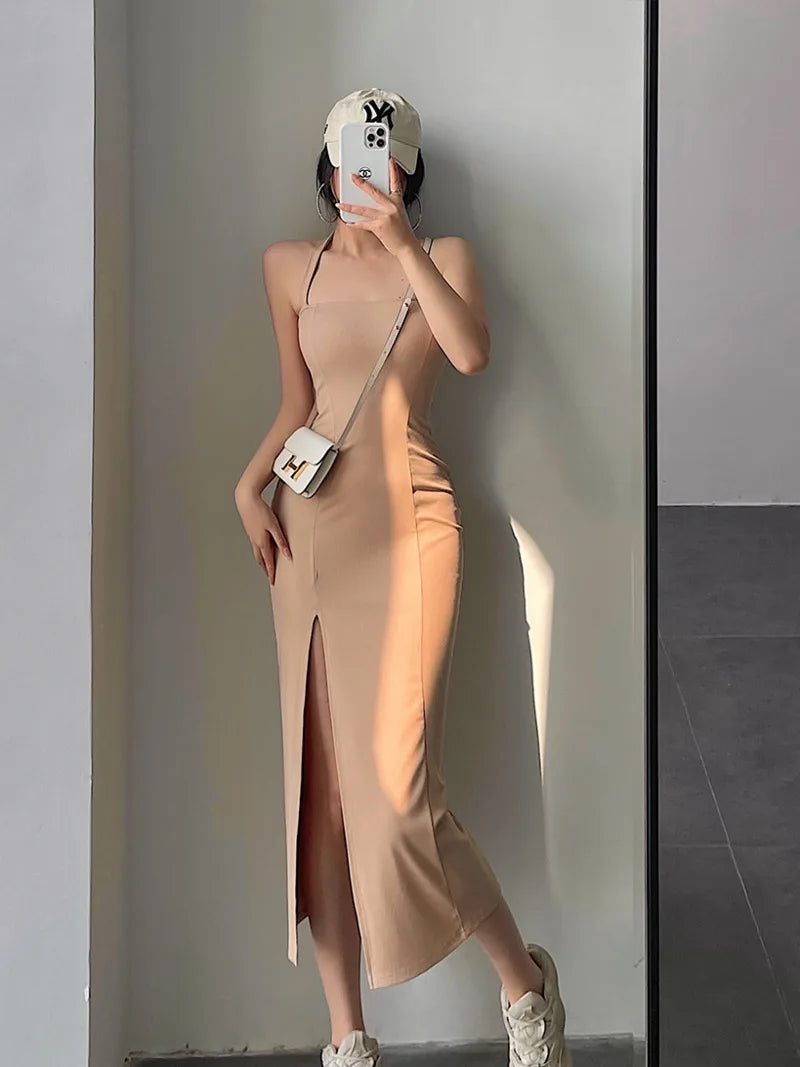 Hnewly European Summer Fashion New Simple Casual Style Sexy Trend Slim Dress Solid Color Side Slit Sleeveless Women's WCWZ