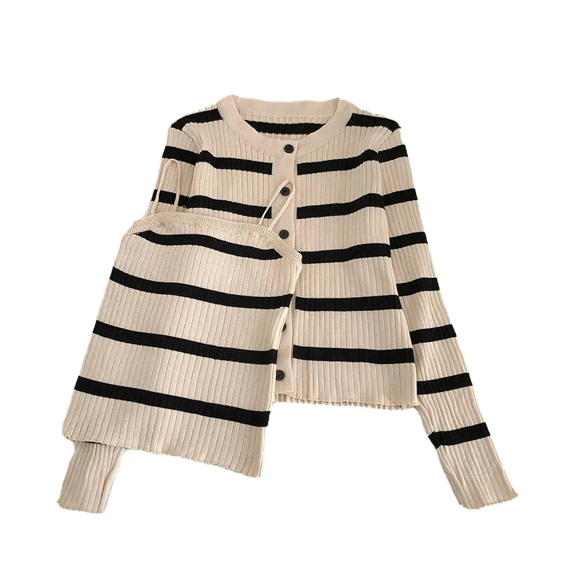 Hnewly  Women's Striped Knitting Cardigan Single Breasted Long Sleeved Sweater+Spaghetti Straps Vest Spring Autumn Korean Top 2pcs