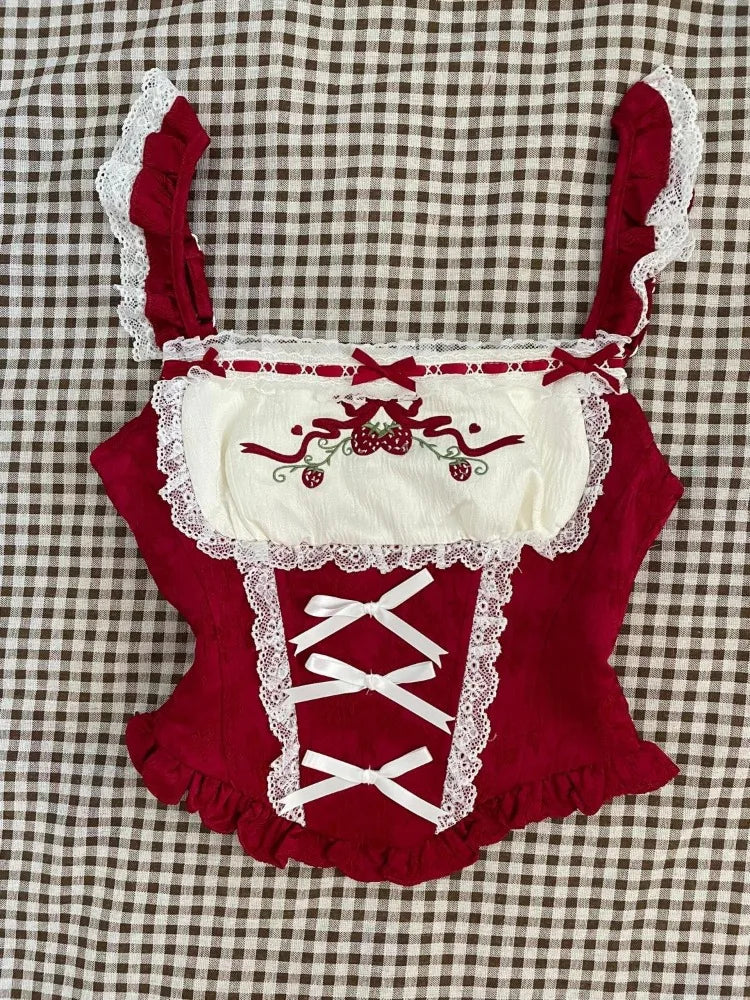 Hnewly  Vintage Slim Square Neck Print 2 Piece Set Women Sweet Cute Lace Bow Patchwork Tops Female + High Waist Short Skirt