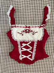Hnewly  Vintage Slim Square Neck Print 2 Piece Set Women Sweet Cute Lace Bow Patchwork Tops Female + High Waist Short Skirt