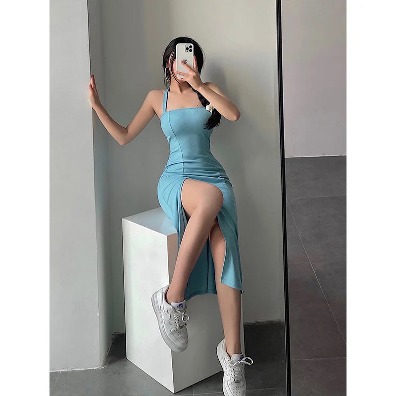 Hnewly European Summer Fashion New Simple Casual Style Sexy Trend Slim Dress Solid Color Side Slit Sleeveless Women's WCWZ