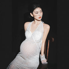 Hnewly  Women Maternity Dress for Photoshoot Lady White Elegant Lace Perseptive Long Dress Clothing for Studio Photography Shooting