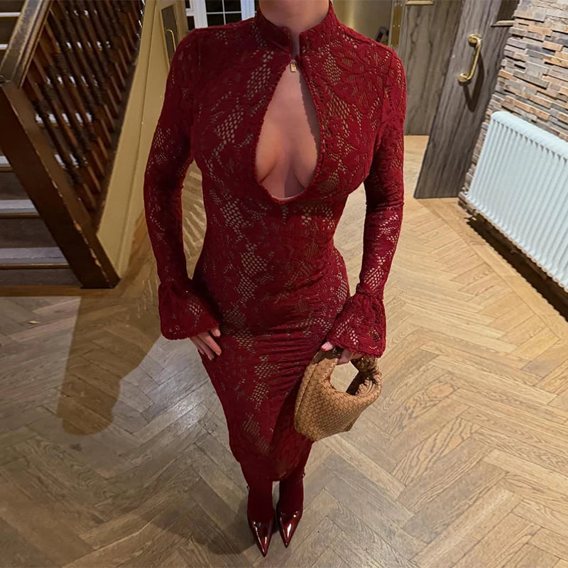 Hnewly  Sexy Lace Hollow Out Women Dress Mandarin Collar Flare Sleeve Split Dresses Female Spring Autumn New Chic Lady Robe