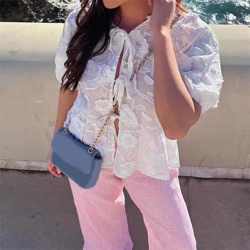 Hnewly Babydoll Tops Women y2k Clothes Floral Embroidery Round Neck Puff Short Sleeve Shirts Elegant White Blouses Streetwear