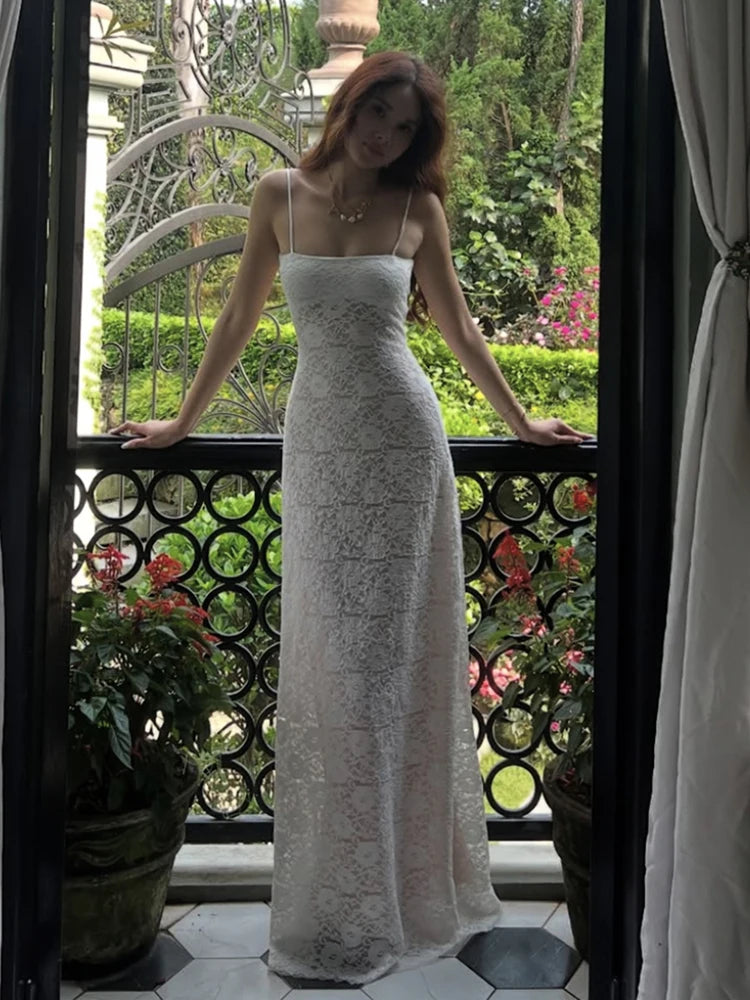 Hnewly See Through Dress Women Backless Sleeveless Cross Lace-Up Spaghetti Strap Sexy Flower Motif Midnight Club Vestidos