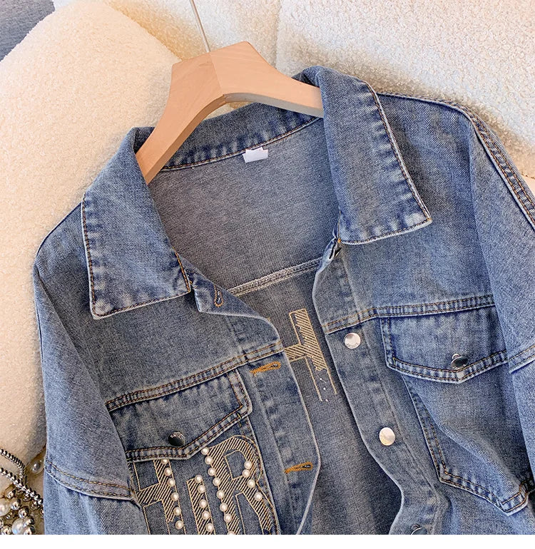 Hnewly  Nail Bead Denim Jacket For Women's Spring Autumn 2025 New Style Loose Versatile Long Sleeved  Turndown Collar Coat Top