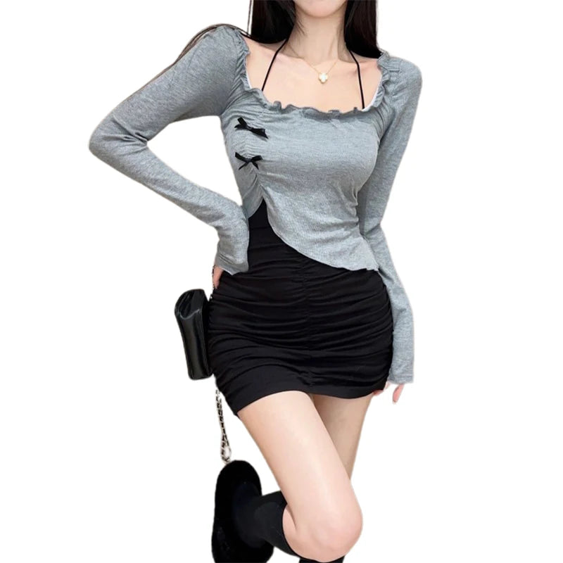 Hnewly Coquette Top y2k Clothes Women Contrast Color Bow Lettuce Trim Smocked Square Neck Long Sleeve T Shirt 2000s Clothing