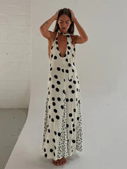 Hnewly  Elegant Dot Women's Dress Halter Sleeveless Backless Lace Up Printing Dots Maxi Female Dresses Summer Vacation Lady Robe