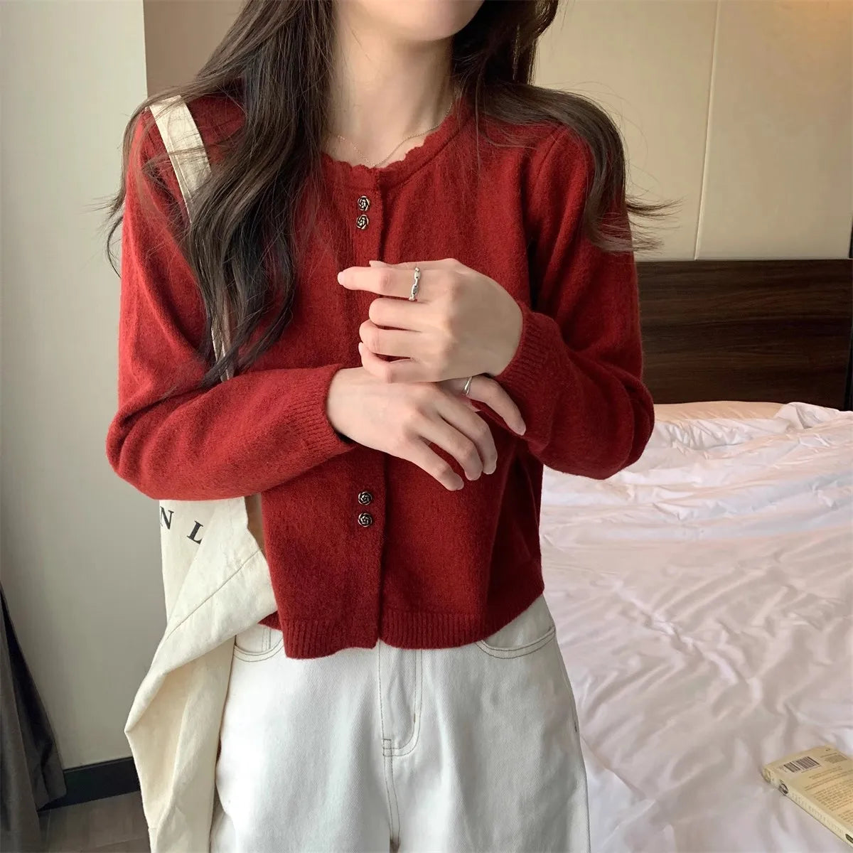 Hnewly  Sweet Short Hollowed Out Sweater Chic Buttons Long Sleeved Knitted  Cardigan Jacket Korean series Round Neck Loose Top