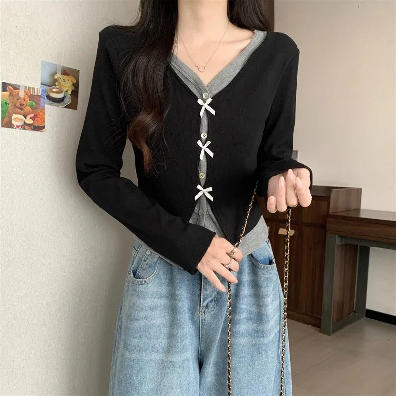Hnewly  Bow Button Knit Top Fake Two-piece V-Neck Crop Long Sleeve T-Shirt for Women Teen-girl Autumn Winter Y2K 90s Outfit