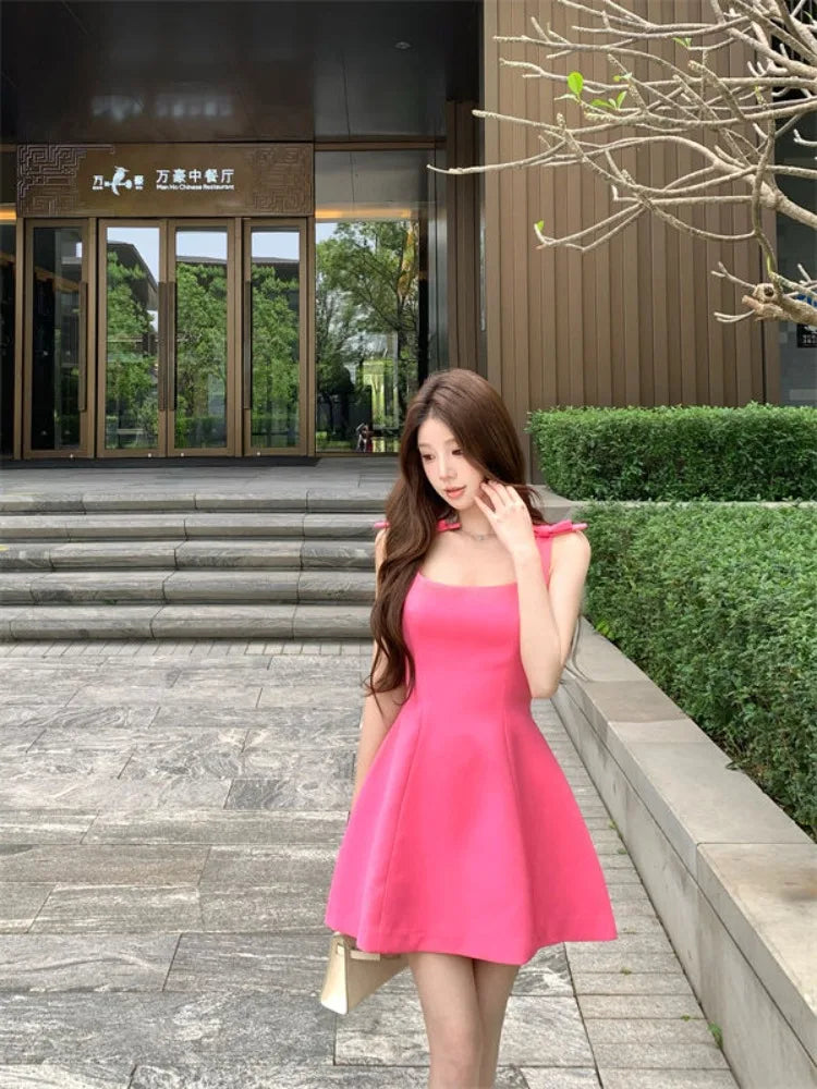 Hnewly  Woman Dress Bow Slash Neck Backless Slim Sexy Summer Fashion French Style Chic Mini Dresses Female Elegant Casual