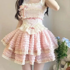 Hnewly  Japanese Sweet JSK Lolita Mini Dress Women Summer Cute Soft Girls Bow Slim Ballt Style Princess Party Suspender Dresses