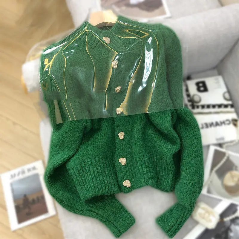 Hnewly  Green Knitted Cardigan  Sweaters Autumn Half High Collar Sweet Casual  Korean Fashion Winter New Casual Jacket