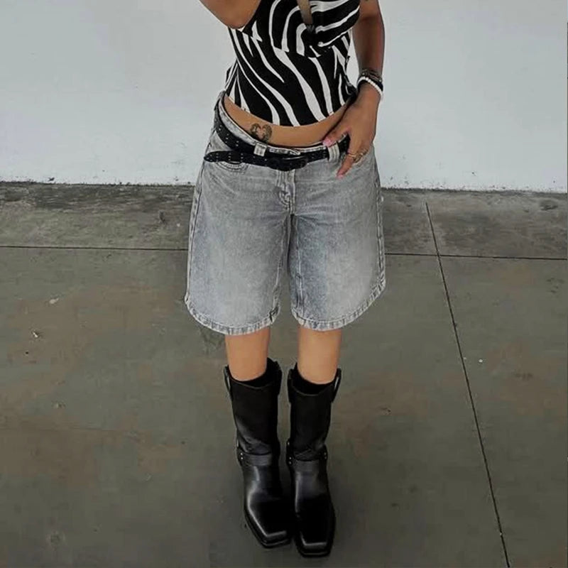 Hnewly  Y2k Bermuda Denim Shorts Low Waist Loose Fit Baggy Jorts with Pockets Summer Vintage Wide Leg Jeans Cyber Grunge Streetwear