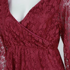 Hnewly  Maternity's Red Wine V-Neck Long Sleeve Photography Props Maxi Pregnancy Clothes Lace Dress Fancy Shooting Photo Pregnan