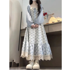 Hnewly  Summer New Lace Splicing College Style Gentle Waist Cinching Slimming Doll Collar Floral Print Dress High Waist A-Line S...